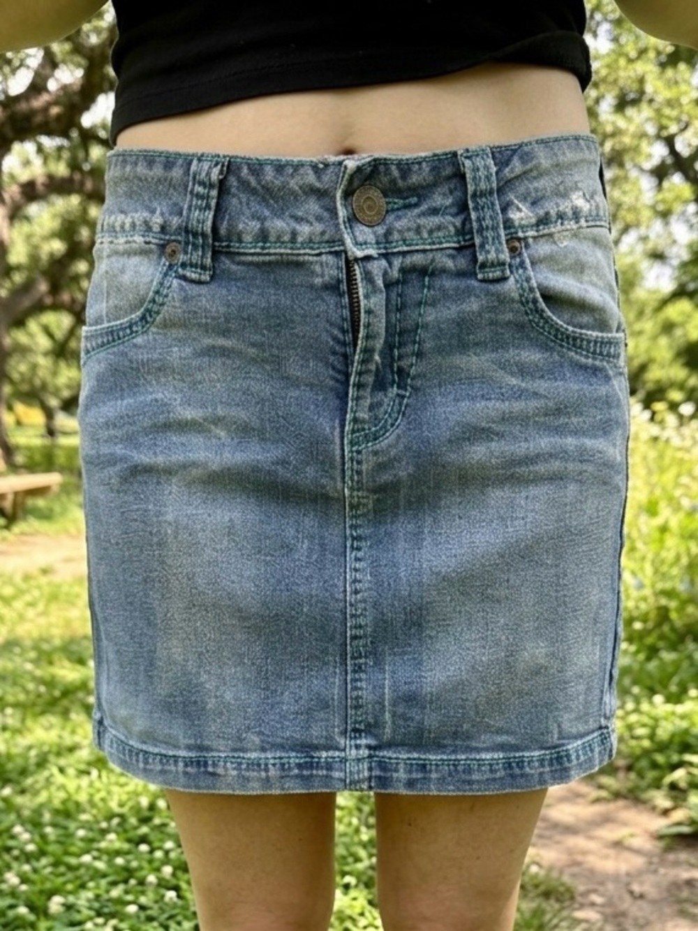 Vintage Serfontaine Medium Wash Jean Mini Skirt w/ Turquoise Stitching